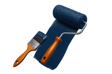 Paint roller and brush applying blue paint, isolated on transparent background