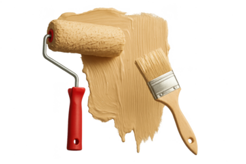 Paint roller and brush with beige paint swash, isolated on transparent background.