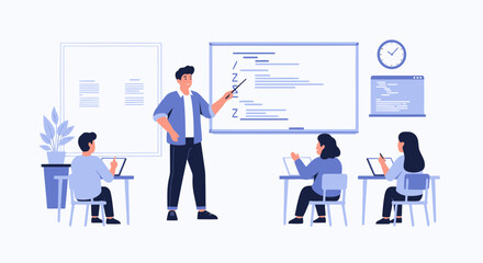 Instructor Explaining Code To Students In Programming Or Computer Science Classroom