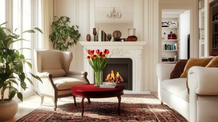 Beige armchair, maroon coffee table with tulips, and a fireplace create a warm, artful living corner with natural light.