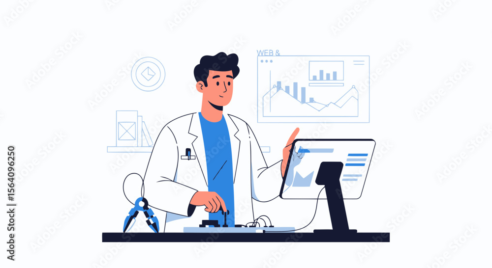 Poster innovative scientist analyzing data performing experiment on computer screen