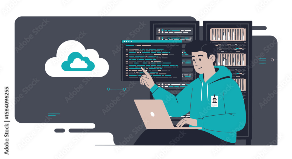 Poster innovating data engineer managing digital resources with cloud computing