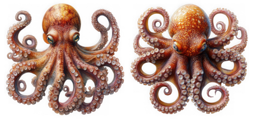 Two brown octopuses with curled tentacles isolated on transparent background