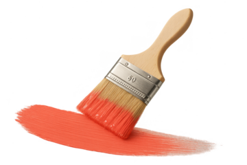 Paintbrush applying vibrant coral orange paint stroke, isolated on transparent background