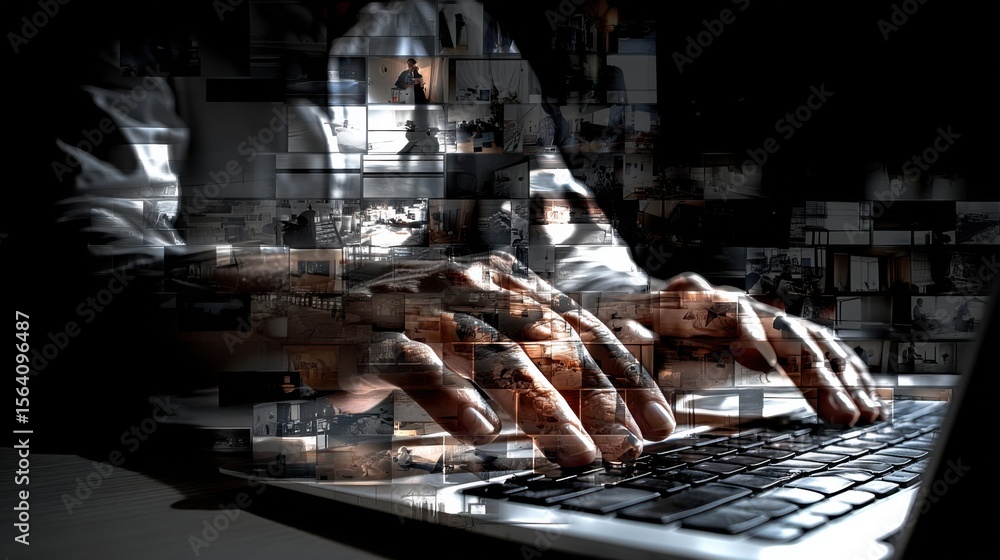 Aufkleber hands typing on a laptop keyboard with digital glitch effects creating a modern technological atmosp