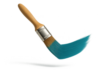 Paint brush with vibrant teal stroke isolated on transparent background