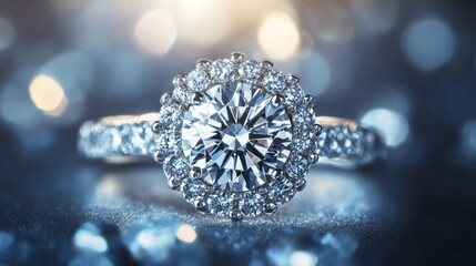 Cluster diamond ring glowing under bright studio light, close-up displaying intricate design details