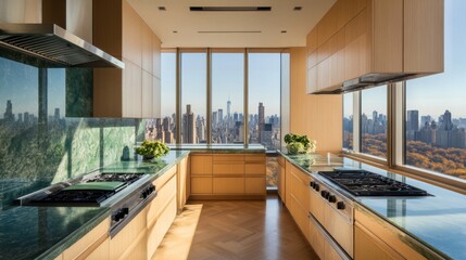 Corner kitchen with green marble backsplash, light wood cabinets, and city views through sheer-curtained windows.