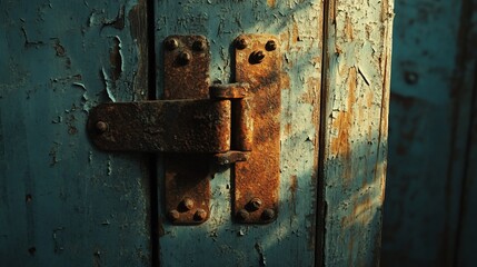 Rusty Hinge on Weathered Teal Door: A Study in Texture and Time