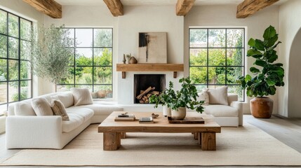 Cozy room with light beams, light rug, low seating, wood coffee table, and fireplace. Large windows and plants.