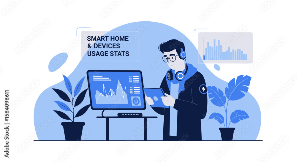 Poster man analyzes smart home device usage and energy consumption statistics graphically