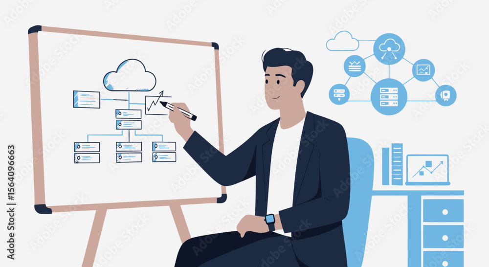 Poster man analyzing cloud network infrastructure on whiteboard for business strategy