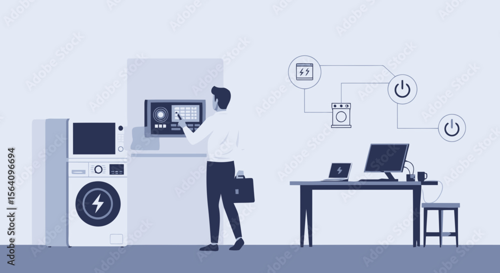 Poster man connecting smart home appliances with centralized control system