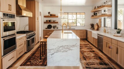 Elegant kitchen with white and wood cabinets, marble island, gold faucet, and stainless appliances. with shelves and rugs.