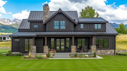 Farmhouse with dark wood siding, stone details, porch beams, and metal roof. Surrounded by a green lawn and mountain views.