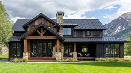 Farmhouse with dark wood siding, stone details, porch beams, and metal roof. Surrounded by a green lawn and mountain views.