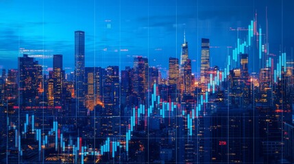 Financial data visualization with stock market bars and lines layered on top of vibrant city skyline at blue hour