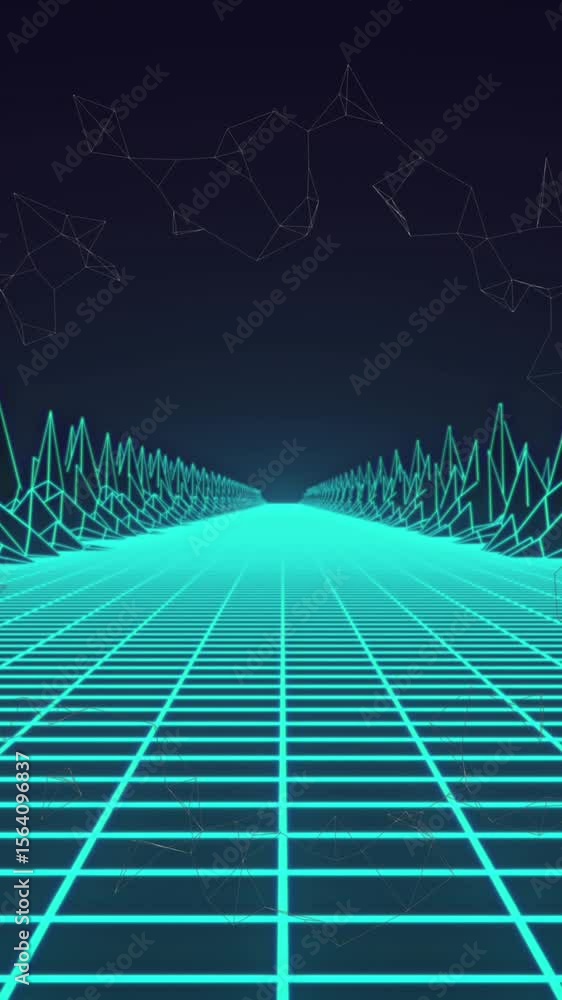 Aufkleber digital animation of neon green grid network and 3d structures against blue background