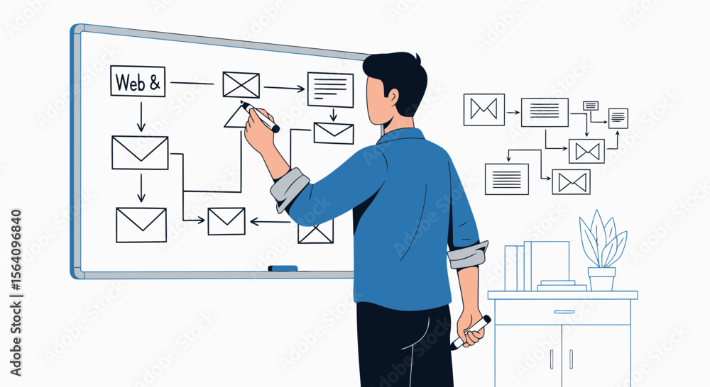 Poster man drawing workflow on whiteboard for business and strategy presentation