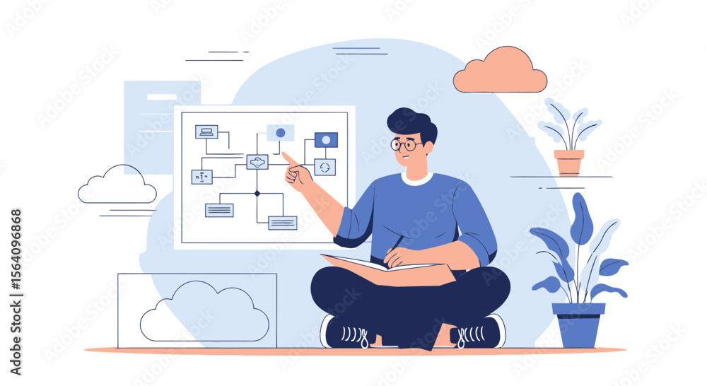 Aufkleber man explaining data flowchart presenting business solutions for cloud network