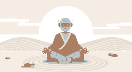 Meditative Robot Finds Serenity In Zen Garden Digital Illustration Design