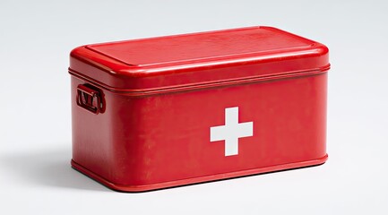A rectangular, red metal first-aid box with a white cross, slightly worn, sits on a light gray background.  Two small metal handles are visible on the sides