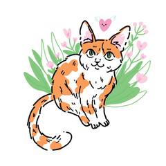 Vector image on white background with cute spotted ginger kitty surrounded by flowers. Perfect for decorating typography with kawaii characters.