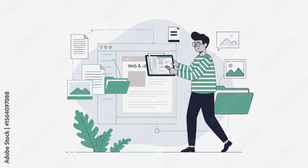 Poster man organizing website content and assets for digital transformation process