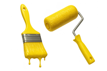 Yellow paint brush with drips & roller isolated on transparent background.