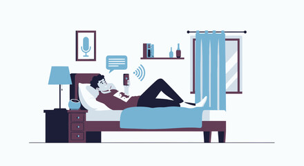 Man Resting In Bed Using Smartphone For Communication And Connection
