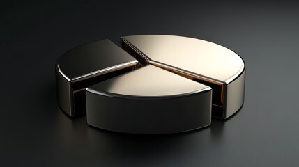 High-contrast D pie chart with shiny metallic textures, black background, sharp lighting