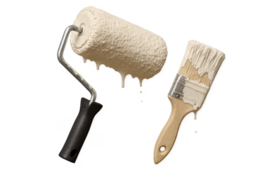 Paint roller and brush with white paint drips, isolated on transparent.