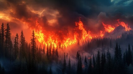 Intense forest fire engulfing pine trees, bright flames contrasting with dark smoke clouds, fiery glow illuminating the night