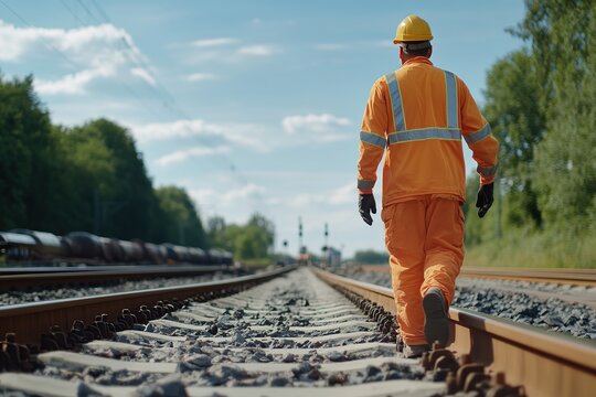 Construction worker wearing in uniform and building railway lines