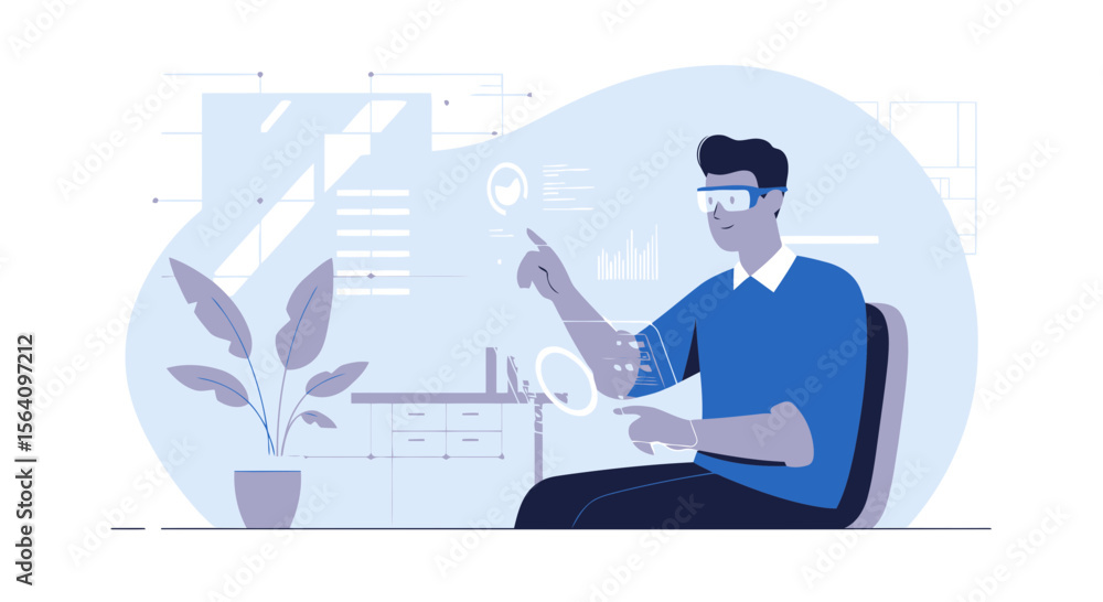 Poster man using virtual reality glasses interacting with data in modern workspace