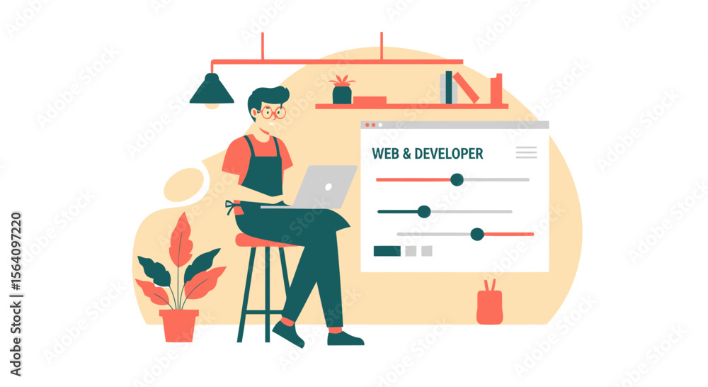 Poster man working as a web developer at home with a laptop on his lap