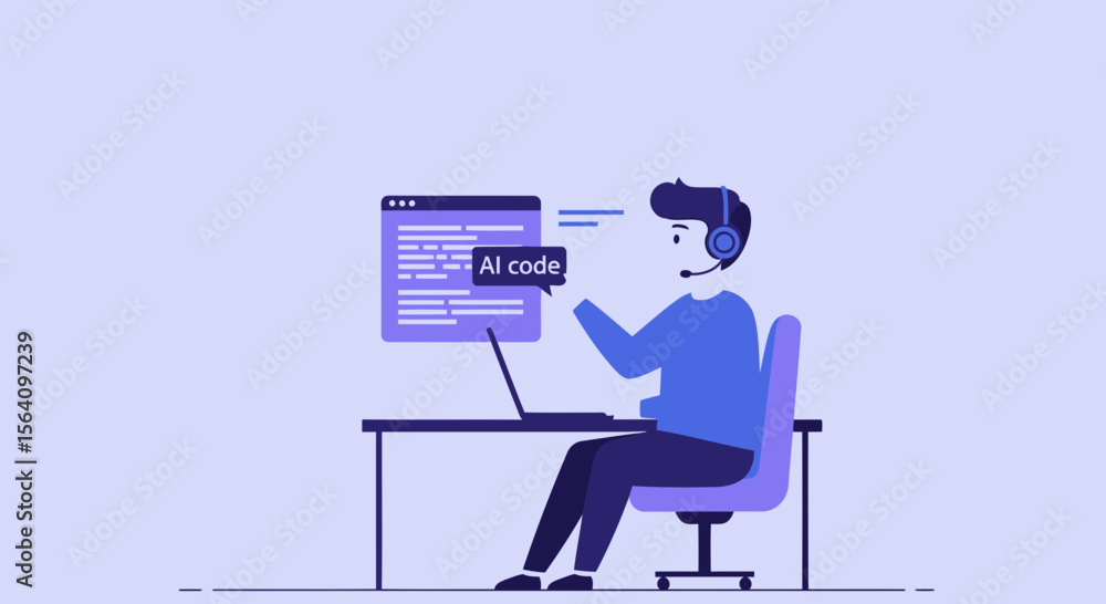 Poster man working on artificial intelligence code with headset in light background