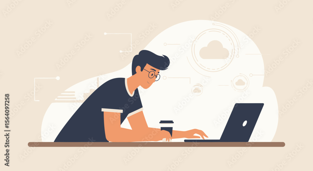 Poster man works on laptop and cloud computing software development