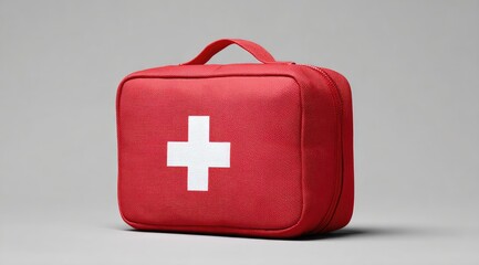 A red rectangular first-aid kit with a white cross, a carrying handle, and zipper closure, sits on a light gray background
