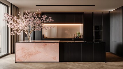 Light pink marble island with cherry blossoms stands out in a kitchen with dark cabinets and soft-toned walls.