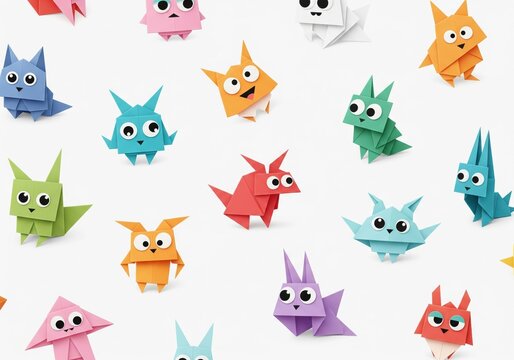 Colorful Origami Animals Pattern. A cheerful array of vibrant papercraft monsters arranged as a delightful surface design. Represents childhood imagination and artistic expression.