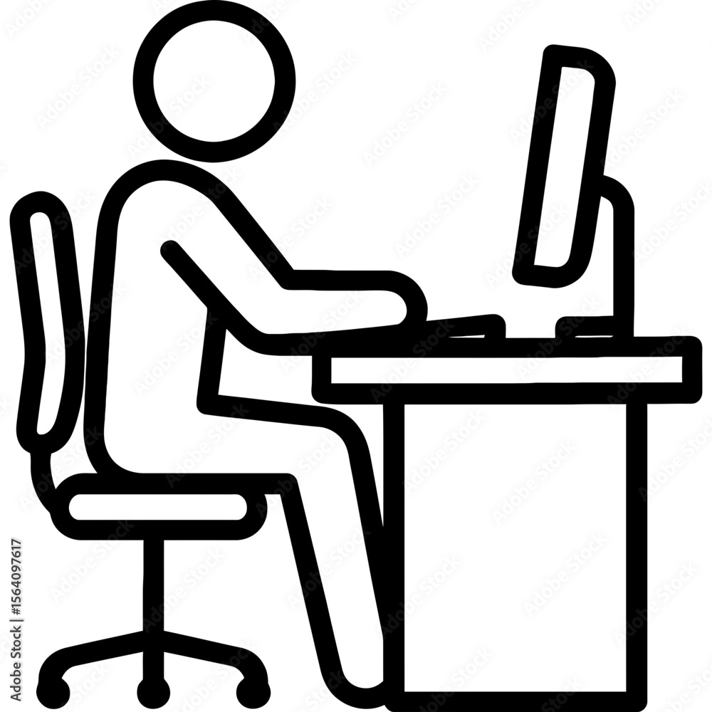 Poster person working at desk with computer outline icon vector