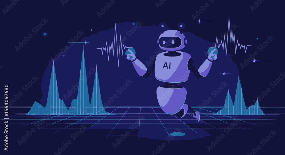 Poster modern robot analyzing data in digital space with advanced futuristic graphics