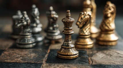 Golden chess queen on dark board strategy game concept