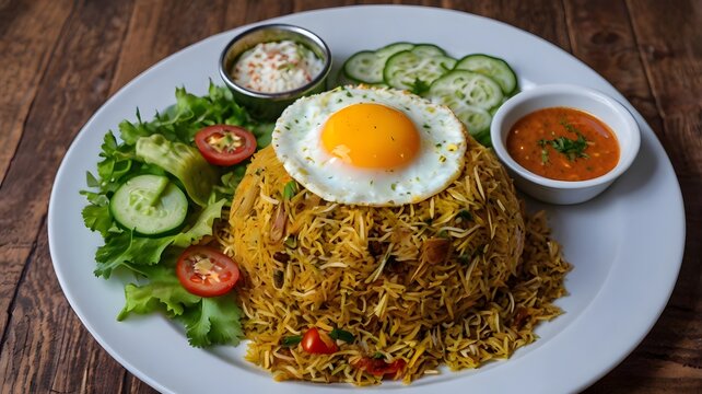 Traditional plate of biryani (Kacchi or Tehari) served with salad, egg, and raita on a wooden table 4