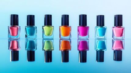 Overhead arrangement of colorful nail polish bottles with matching accessories on reflective glass, vibrant and clean