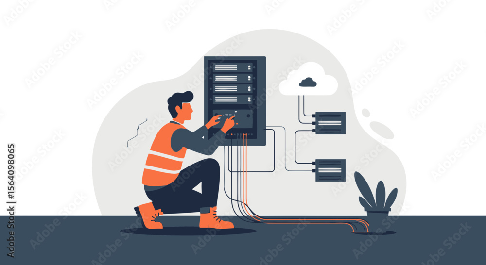 Poster network engineer configuring server rack data storage and cloud connectivity