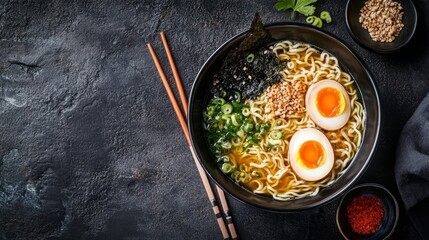 Overhead image of ramen bowl, noodles, egg, seaweed, and broth with chopsticks resting on bowl