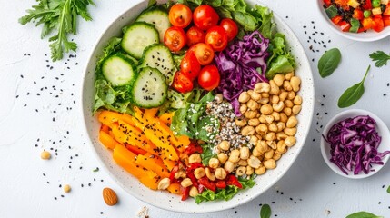 Overhead image of vibrant salad bowl, greens, nuts, colorful vegetables, on white tabletop