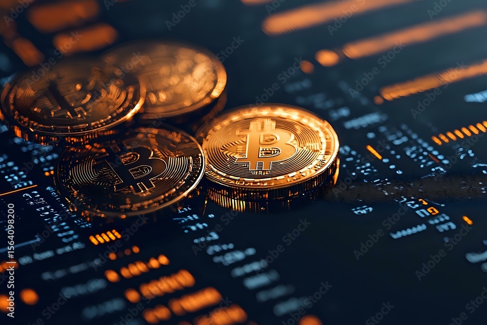 Poster golden cryptocurrency coins on digital circuit board background with glowing orange data streams, re